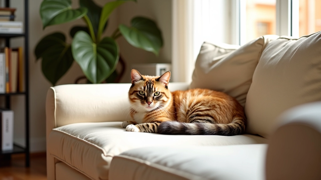 Huiskamer met kat op de bank, modern interieur, huiselijke sfeer