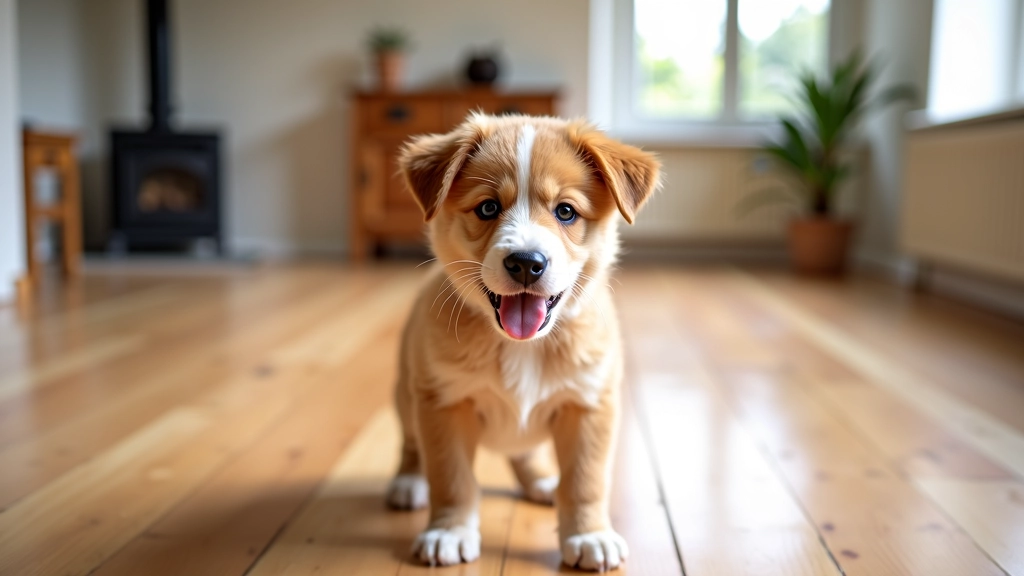 Verwarde hond in lege kamer met beschadigde vloer